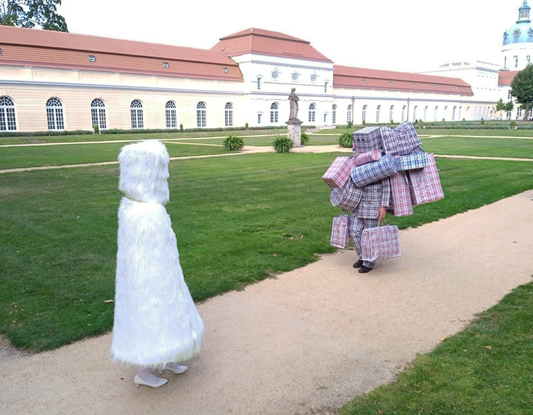 Fluffy Wit and Lost and Found during Perforrmance in front of Charlottenburg Castle, Berlin, 2022 Collaboration with Guda Koster ( part of the&amp;nbsp;Performance in der kleinen Orangerie Festival )